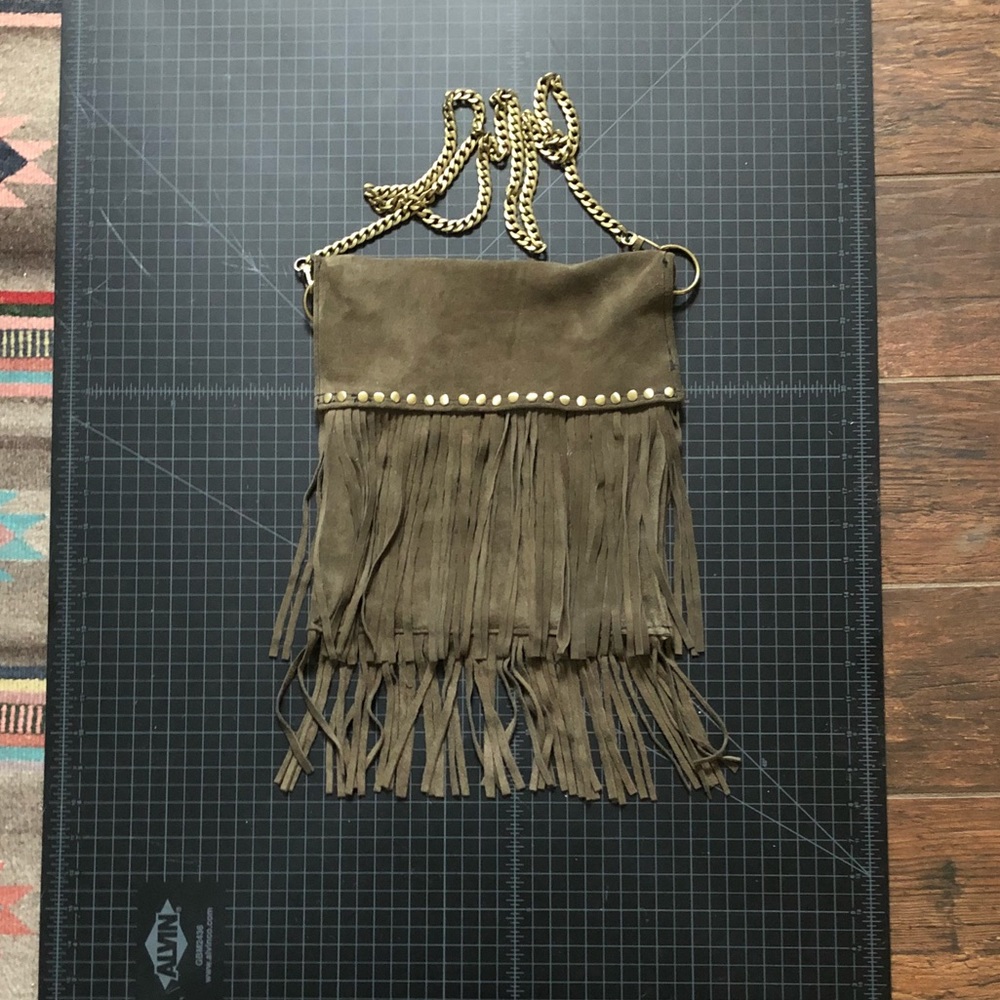Handmade Olive Suede Fringe Crossbody